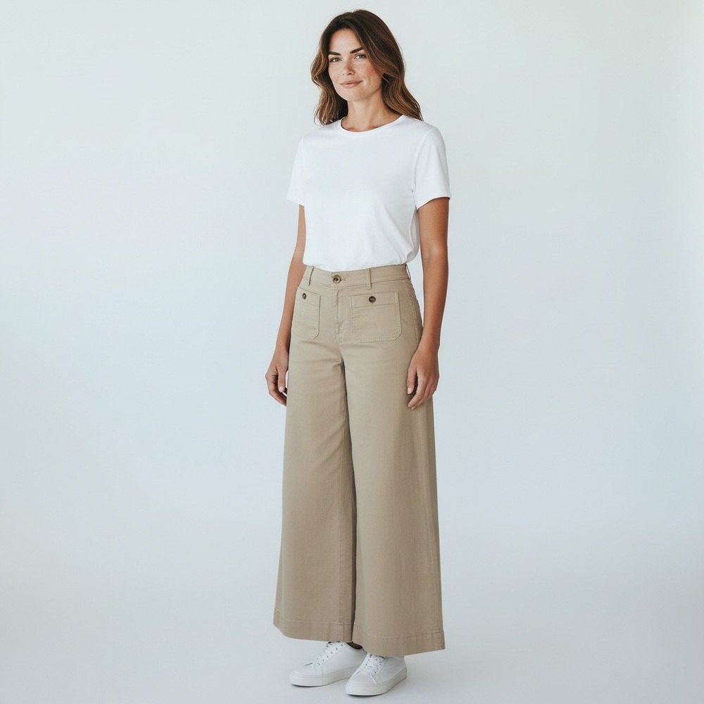 LOFT Women’s The Palmer Wide Leg Pants Size 10‎ Curvy Khaki Tan Utility Style